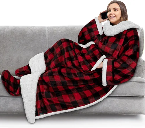 Miniatura 4 de PAVILIA Manta de forro polar con mangas, bolsillos para los pies para mujeres, hombres y adultos, manta de felpa para llevar, cálida manta