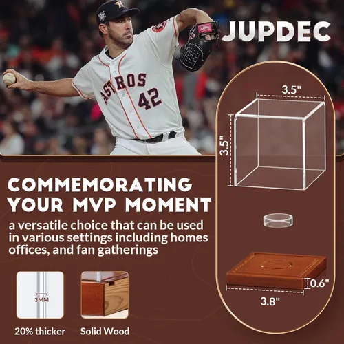 Miniatura 5 de JupDec Caja de exhibición de béisbol - Soporte de cubo transparente para pelotas de béisbol con base de madera, caja de soporte para autógrafos