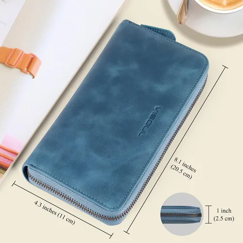 Miniatura 24 de VISOUL Cartera larga de cuero con cremallera para hombres y mujeres con bloqueo RFID, cartera larga de embrague grande con cremallera, Negro