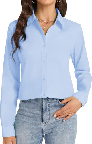 Miniatura 11 de Camisas con botones J.VER para mujer con cuello elástico y manga larga de algodón, camisa de vestir casual de negocios para el trabajo