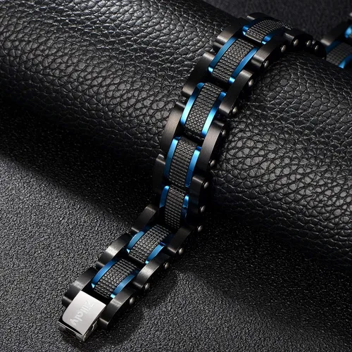 Miniatura 3 de Zillaly Pulsera de diamantes de eslabones cuadrados de acero inoxidable de dos tonos para hombre en negro y azul chapado en iones negro