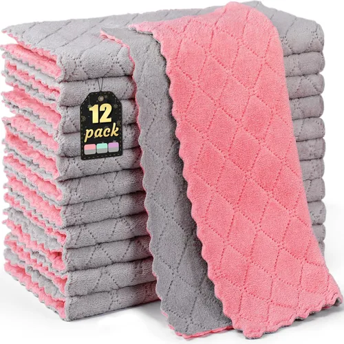 Miniatura 11 de Paquete de 12 paños de cocina de 12 x 12 pulgadas, paño de limpieza de microfibra de terciopelo coral grueso, paños de cocina altamente absorbentes