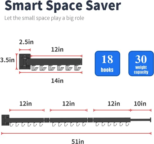 Miniatura 2 de BESTHLS Estante de secado de ropa portátil montado en la pared con ahorro de espacio, diseño universal para balcón, vestíbulo, dormitorio, cocina