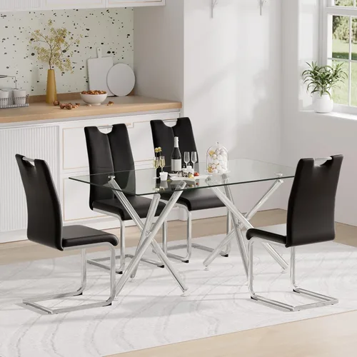 Miniatura 6 de Juego de 2 sillas de comedor, modernas sillas de cocina con respaldo alto con patas de metal y asiento acolchado de piel sintética, sillas de Negro