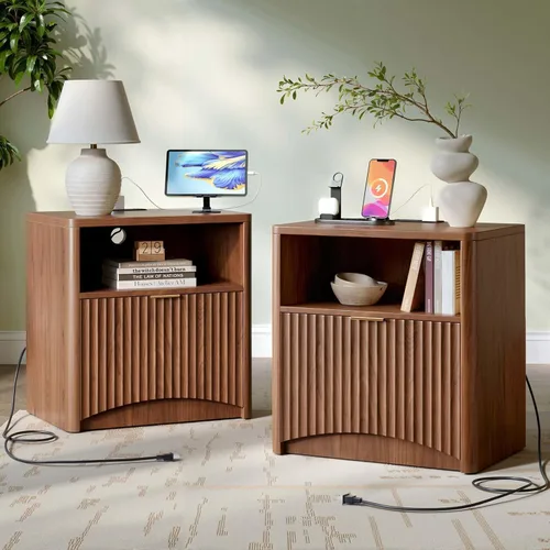 Miniatura 9 de Evermagin Mesita de noche acanalada, mesita de noche de roble natural con cajón y almacenamiento, mesa auxiliar de madera moderna de mediados