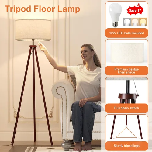 Miniatura 2 de LiteHistory Lámparas de pie de trípode de madera para dormitorio, sala de estar y oficina, lámpara de esquina con pantalla de lino beige, bombilla