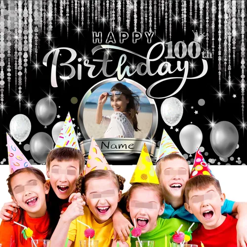 Miniatura 5 de Cartel de decoración de feliz cumpleaños número 100 personalizado - Personalización disponible - Negro y plateado - Tamaño grande - Admite fotos