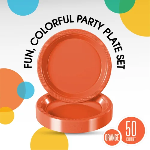 Miniatura 2 de Exquisite Party Solids - Platos de plástico naranja para suministros de fiesta, platos desechables de 10 pulgadas, 50 piezas, juego de vajilla