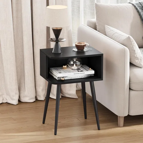 Miniatura 4 de MLBZ20B-2 - Juego de 2 mesitas de noche negras, mesa auxiliar de cama pequeña para espacios pequeños, mesa auxiliar moderna de mediados de siglo