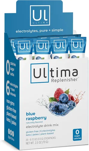 Ultima Replenisher Mezcla de bebida de hidratación con electrolitos, frambuesa azul, caja de 20 porciones, sin azúcar, 0 calorías, 0 carbohidratos,