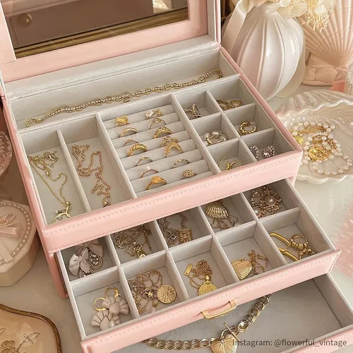 Miniatura 4 de Vlando Joyero para niñas y mujeres, organizador de joyas con tapa de vidrio con 2 cajones para regalos, almacenamiento grande de 3 capas