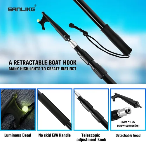 Miniatura 2 de SANLIKE Telescoping Boat Hook for Docking, Floating Fiberglass Dock Hook with Luminous Bead, Twist-Lock Extension Pole, Non-Slip Handle, Rustproof