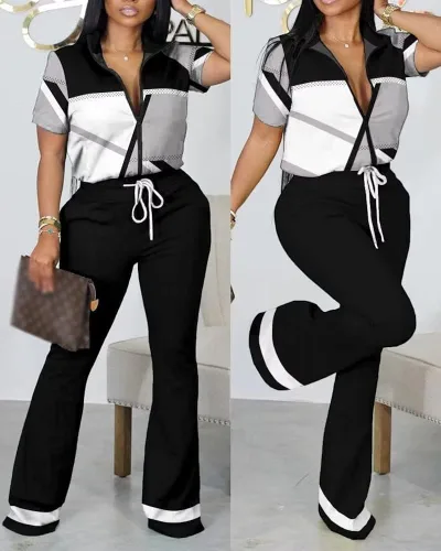 Miniatura 4 de Adogirl Conjunto de dos piezas para mujer con estampado de cremallera y manga larga, pantalones largos a juego