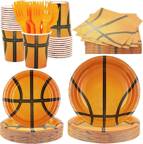 durony Juego de vajilla de 144 piezas de platos de papel y servilletas de baloncesto, decoraciones de fiesta de cumpleaños, incluye platos de papel,