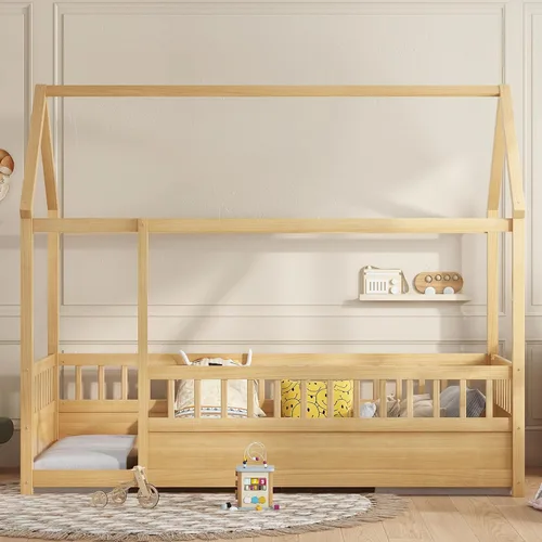 Miniatura 9 de Bellemave Cama individual para niños con marco de techo de casa y valla de seguridad, cama Montessori de madera, cama de perfil bajo para niños