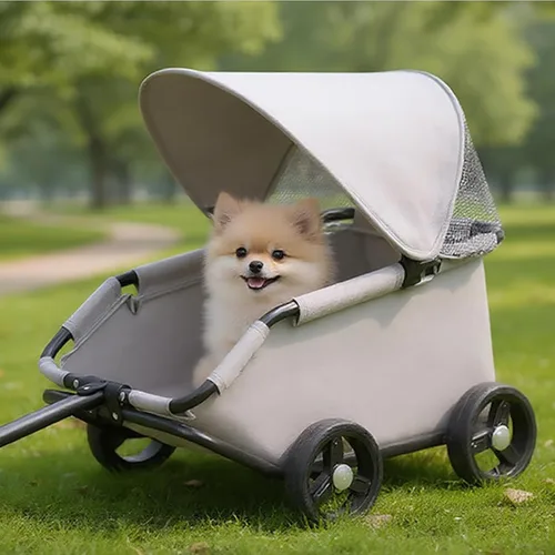 Miniatura 2 de Cochecito de lujo para mascotas, gris, diseño plegable con toldo ajustable, vagón para perros pequeños y gatos, con mango extendido