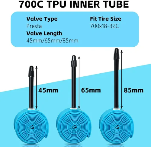 Miniatura 8 de Paquete de 4 tubos interiores ultraligeros de TPU para bicicleta, 700x18C/23C/25C/28C/30C/32C Presta 45/65/3.346 in para viajes diarios, conducción