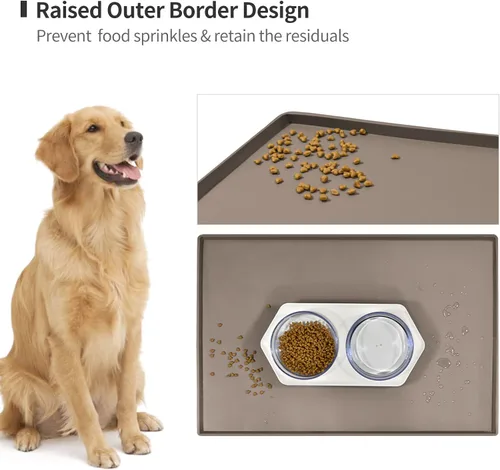 Miniatura 3 de Tapete de comida para perros, bandeja de comida impermeable de silicona, mantel individual antideslizante para mascotas, borde elevado de 0.6 Beige