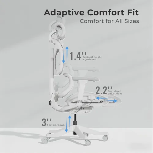 Miniatura 8 de WELAX S9 Silla de oficina ergonómica de malla con respaldo alto y ruedas silenciosas, silla de escritorio de soporte lumbar cómoda, profundidad