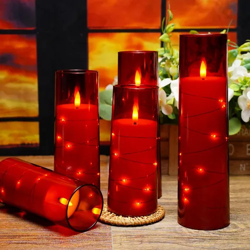 Miniatura 3 de kakoya Velas LED sin llama con temporizador, 5 piezas de velas parpadeantes sin llama para ambiente romántico y decoración del hogar, carcasa Rojo