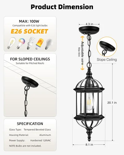 Miniatura 6 de VIANIS Luces colgantes grandes de 20 pulgadas para exteriores del atardecer al amanecer, luz colgante exterior negra, luces de techo exteriores