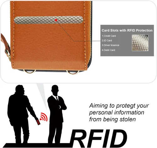 Miniatura 7 de KIHUWEY Funda tipo cartera cruzada para iPhone 14 Pro Max, funda con bolsillo con cremallera y soporte para tarjetas, funda protectora de piel Marrón