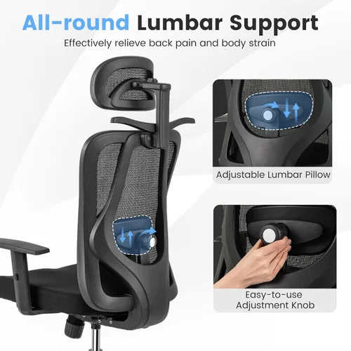Miniatura 7 de COSTWAY Silla de oficina de malla, sillas ergonómicas de escritorio para computadora con reposacabezas 3D, reposabrazos ajustables y soporte lumbar