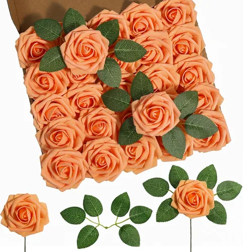 Miniatura 51 de DuHouse 25 rosas artificiales con tallos, flores de espuma de tacto real para bricolaje, ramo de boda, centro de mesa, arreglo floral, fiesta, Verde