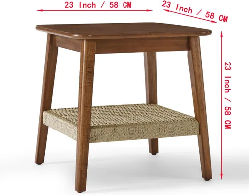 Miniatura 2 de Mesa auxiliar moderna de 2 niveles con estante tejido, mesa auxiliar pequeña bohemia para sala de estar, sofá, patio, oficina en casa, mesa Nogal_2