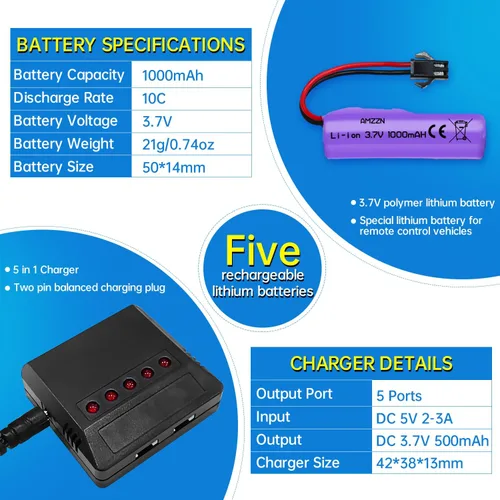 Miniatura 3 de 5 unidades 3.7 V 1000 mAh Lipo batería con cargador 5 en 1 RC Toy Car Battery SM-2P Plug para TB202 TB201 TM201 TM202 TC141 DE35 DE38 DE40 DE50 RC