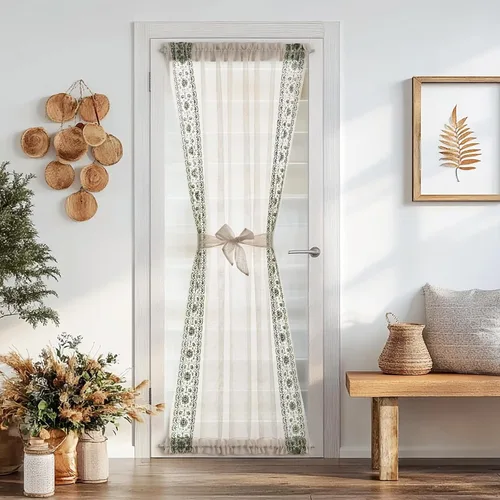 Miniatura 15 de jinchan Cortina de puerta francesa semitransparente con lazos de amarre, cortina de privacidad de gasa bordada floral para puerta de patio, armario