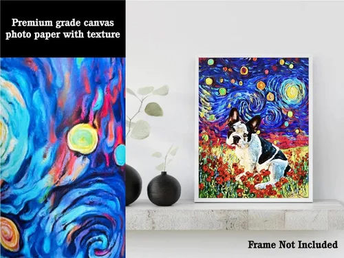 Miniatura 3 de Bestbuddy Pet 8X10 sin marco noche estrellada bulldog francés blanco negro animales amante familia paz amor pintura al óleo impresión arte impresión