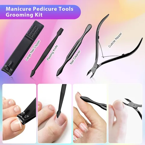 Miniatura 5 de CGBE Juego de cortaúñas, 12 piezas de acero inoxidable para hombres, juego de manicura y pedicura para regalos para hombres, color negro