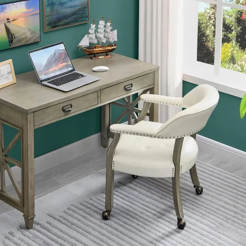 Miniatura 9 de SY1318WT - Silla de comedor con ruedas y brazos, silla de capitán de madera maciza, silla giratoria de escritorio de oficina, tapizada, 31.5 Pierna