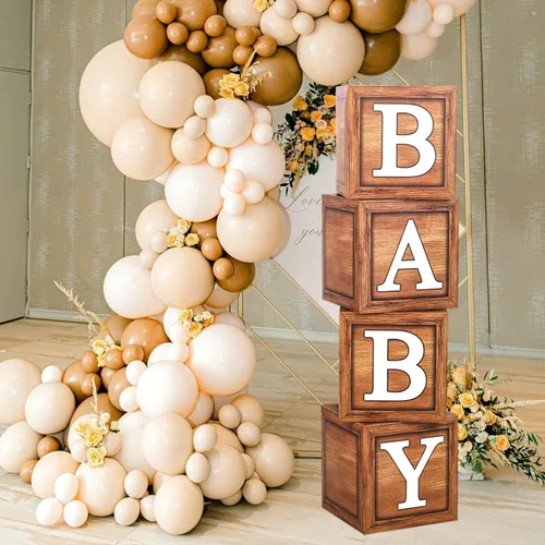 Miniatura 8 de Cajas de baby shower para decoraciones de cumpleaños – 4 cajas de globos de bebé de grano de madera marrón, cajas de bebé para decoración de centro