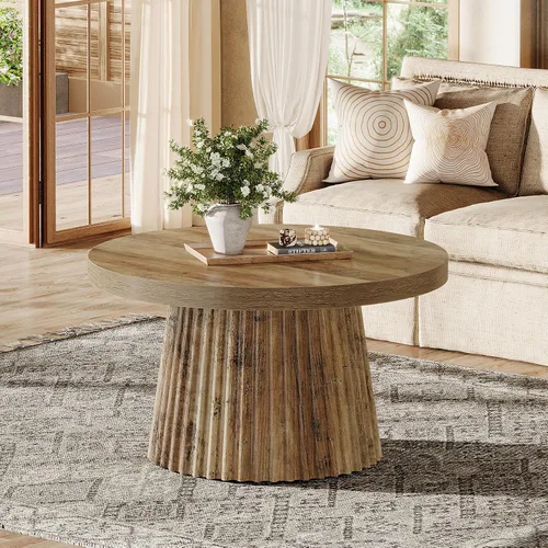 Miniatura 3 de Tribesigns - Mesa de café, mesa de café redonda pequeña de 31.5" de estilo granja con base de tambor estriada, mesa central de acento boho moderna