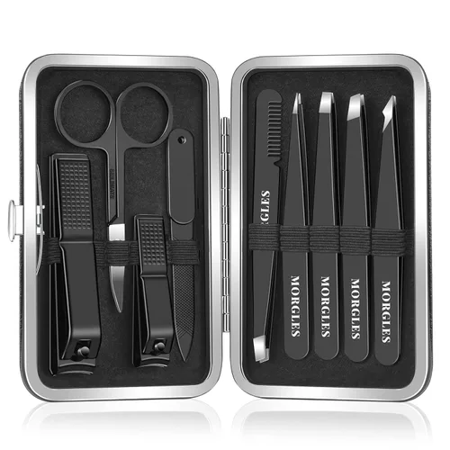 Miniatura 11 de MORGLES Juego de pinzas y cortaúñas con estuche para hombres y mujeres, 9 piezas de pinzas profesionales de acero inoxidable sin separación