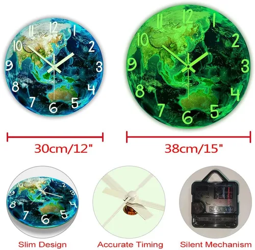 Miniatura 7 de The Geeky Days Earth Planet - Reloj de pared con visión nocturna que brilla en la oscuridad, funciona con pilas, sistema solar de cuarzo silencioso