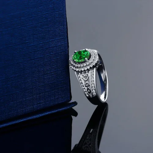 Miniatura 58 de Anillo de compromiso con halo de piedra preciosa y piedra natal en plata chapada en oro amarillo de 18 quilates, ovalado, 0.236 x 0.157 pulgadas