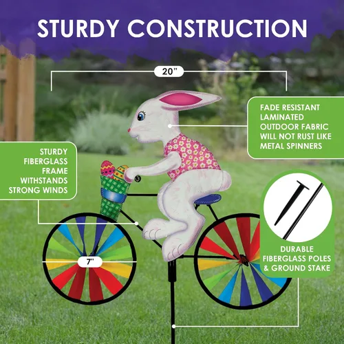 Miniatura 3 de Molinillo de bicicleta de conejo de Pascua de 20 pulgadas, diseño de conejo primaveral, decoración exterior resistente a la intemperie, duradero