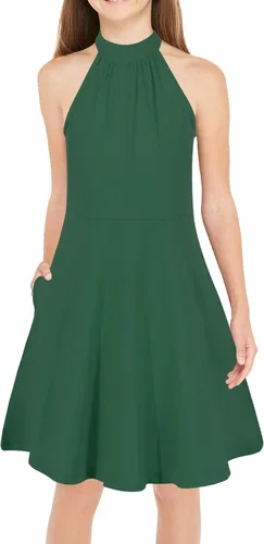 GORLYA Vestido de verano casual para niña, con cuello halter, hombros descubiertos, sin mangas, acampanado, con bolsillos, para 4-12 años