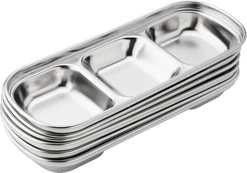 Miniatura 8 de 3 cuencos de acero inoxidable para salsa de soja, 3 rejillas divididas, platos de acompañamiento para salsa de soja, salsa de tomate, condimentos