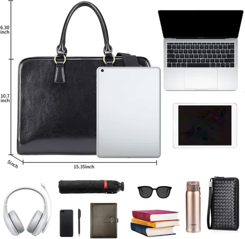 Miniatura 11 de Kattee Maletín de cuero genuino para mujer, bolsa de computadora portátil de gran capacidad con etiqueta de equipaje