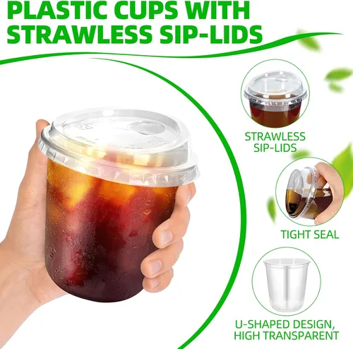Miniatura 3 de 50 piezas de vasos de plástico para café con tapas con asa, vasos desechables de plástico PET transparente con tapas sin pajita para café helado