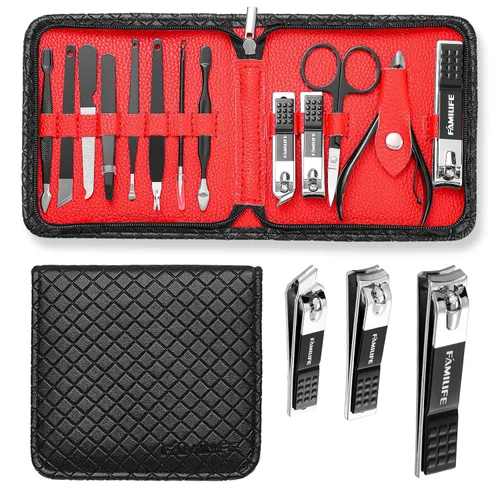 FAMILIFE Kit de Uñas, Juego de Manicura Profesional Kit de Manicura Juego de Cortaúñas, 13 en 1 Juegos de Pedicura de Acero Inoxidable Herramienta