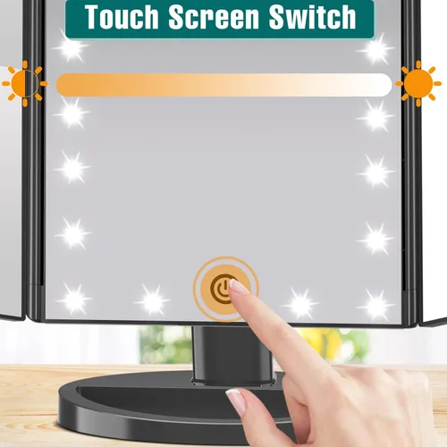 Miniatura 4 de FASCINATE Espejo de maquillaje iluminado, 21 luces LED brillantes, espejo de tocador tríptico LED con aumento 3x/2x/1x, control táctil de brillo