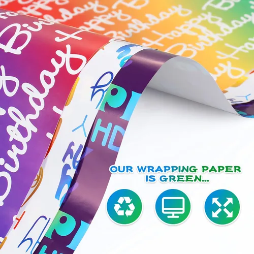Miniatura 4 de BWLOIES Papel de Regalo de Cumpleaños Hojas de Papel de Regalo de Cumpleaños Hradient Multicolor Feliz Cumpleaños Juego de Papel Incluye Papel