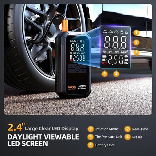 Miniatura 7 de Iniciador de 10 en 1 con compresor de aire 6000A 26800mAh 160PSI Iniciador de batería de coche portátil (todo gas/12L diésel), caja de arranque