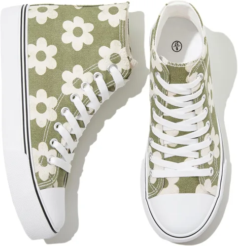 kufeiti Zapatillas de lona altas para mujer, zapatos de lona con cordones, zapatillas blancas y negras, zapatos casuales para caminar