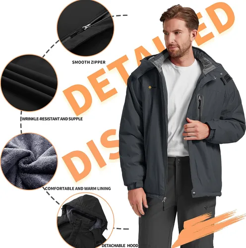 Miniatura 5 de Chaqueta de esquí para hombre, impermeable, con forro polar cálido, forro de nieve, para montaña, con capucha, resistente al viento, chubasquero